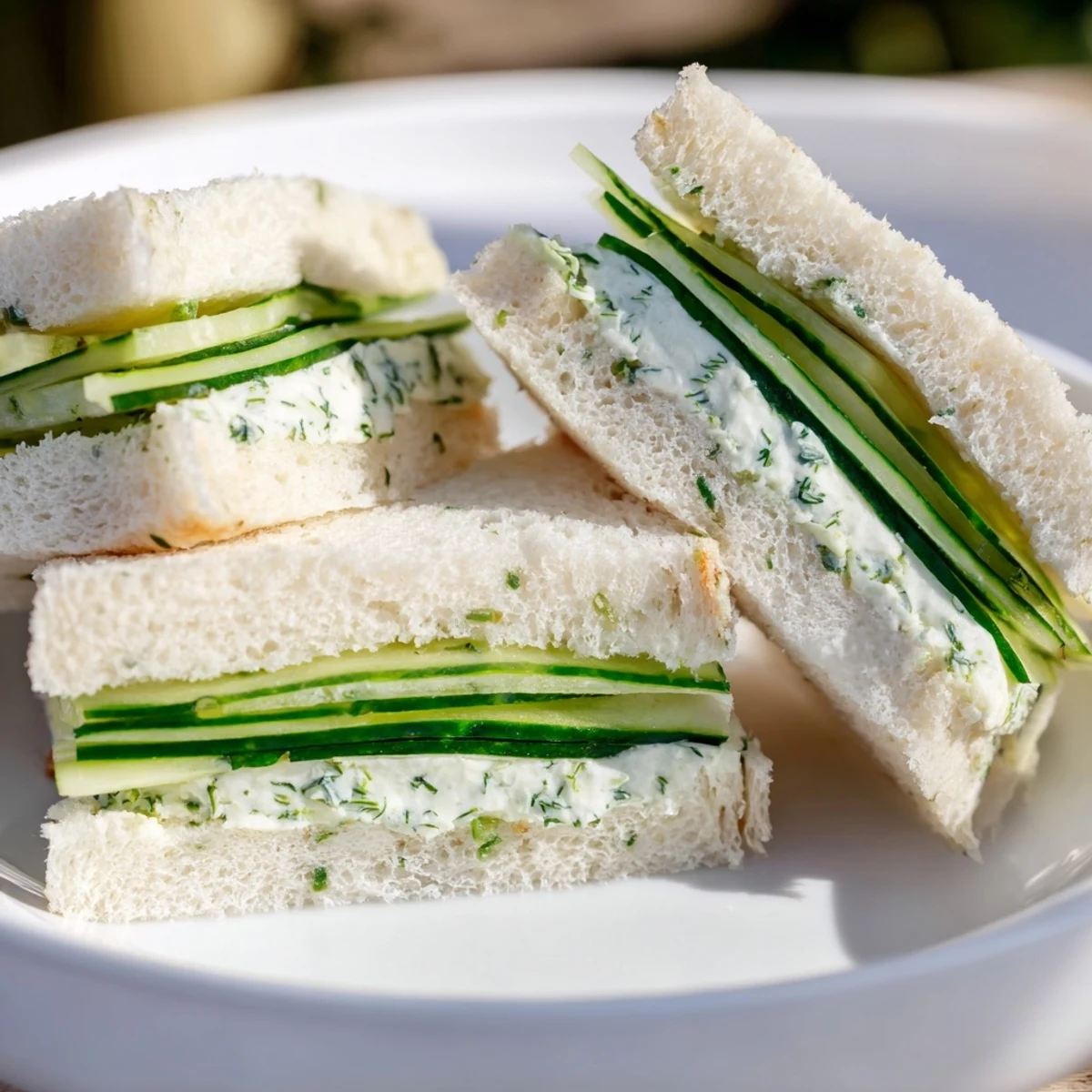 Delicate Green Cucumber Sandwiches with Herb Cheese served as a light afternoon tea snack on whole wheat bread.