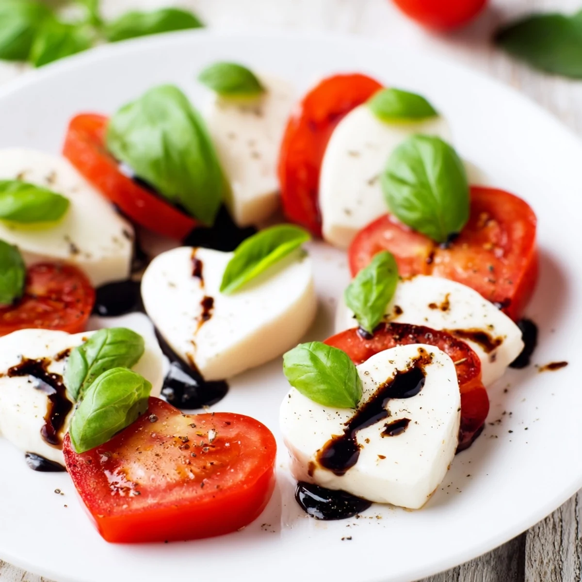 Fresh basil, olive oil, and balsamic glaze flavor heart-shaped mozzarella and tomato stacks on a platter for a beautiful Valentine Heart Caprese Salad.