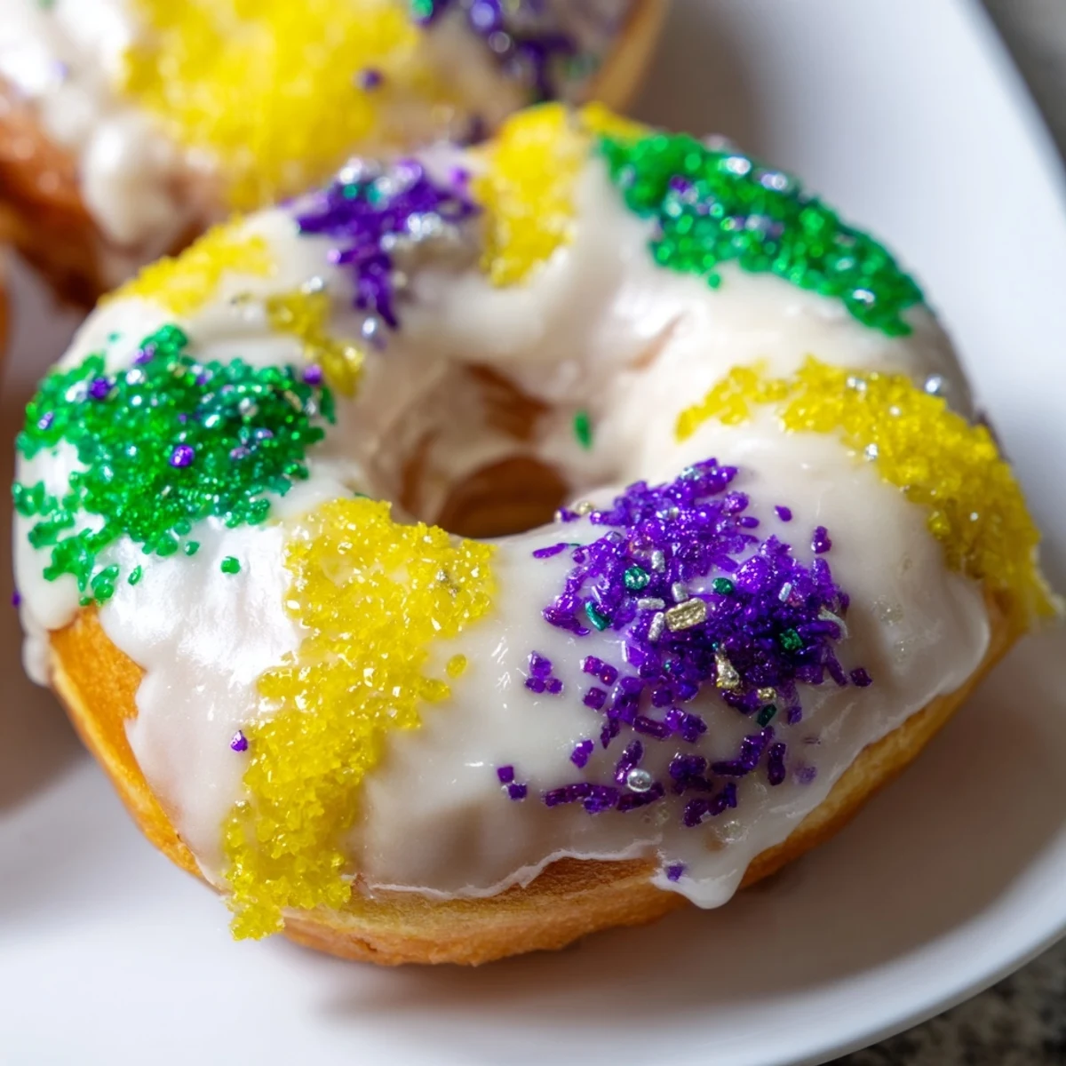 Freshly fried Mardi Gras Donuts with vibrant purple, green, and yellow sugars dripping with sweet glaze.
