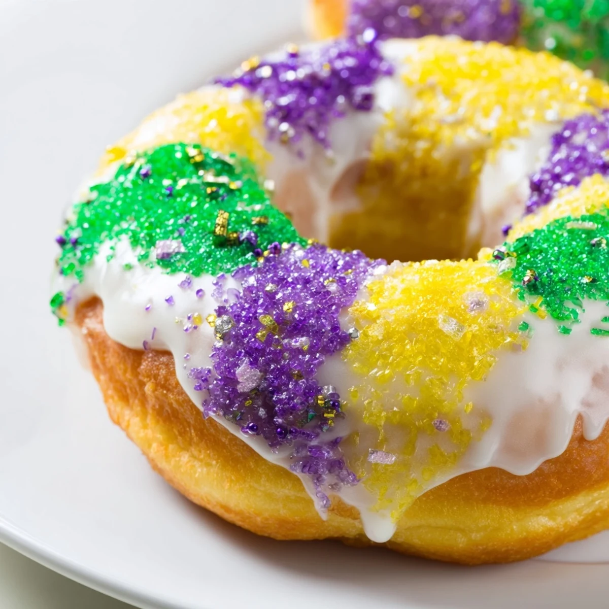 Glazed Mardi Gras Donuts stacked on a cooling rack, dusted with sparkling colored sugars for festive flavor.