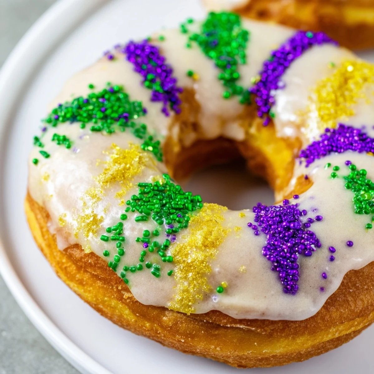 Warm Mardi Gras Donuts on a plate, ready to be enjoyed with a cup of café au lait.