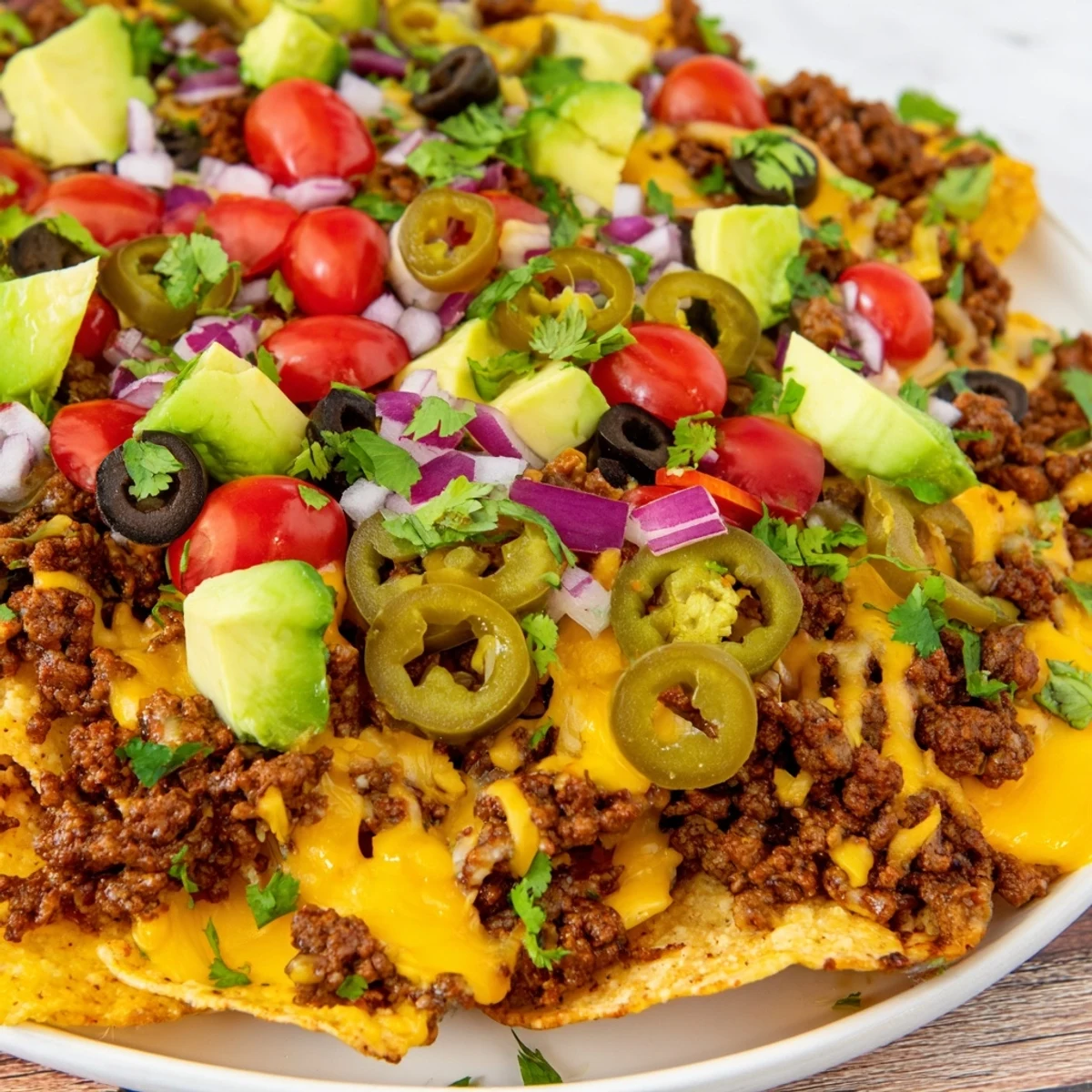 Championship Nacho Platter with Ground Beef, baked golden and bubbly with melted cheddar and Monterey Jack.