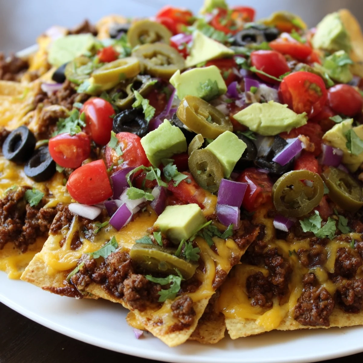 Loaded Championship Nacho Platter with Ground Beef topped with fresh avocado, jalapeños, and scoops of sour cream.
