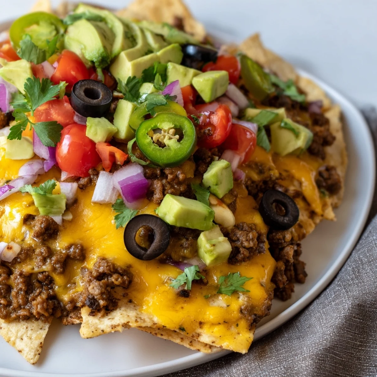 Hearty Championship Nacho Platter with Ground Beef on crisp tortilla chips, ready for game day gatherings.