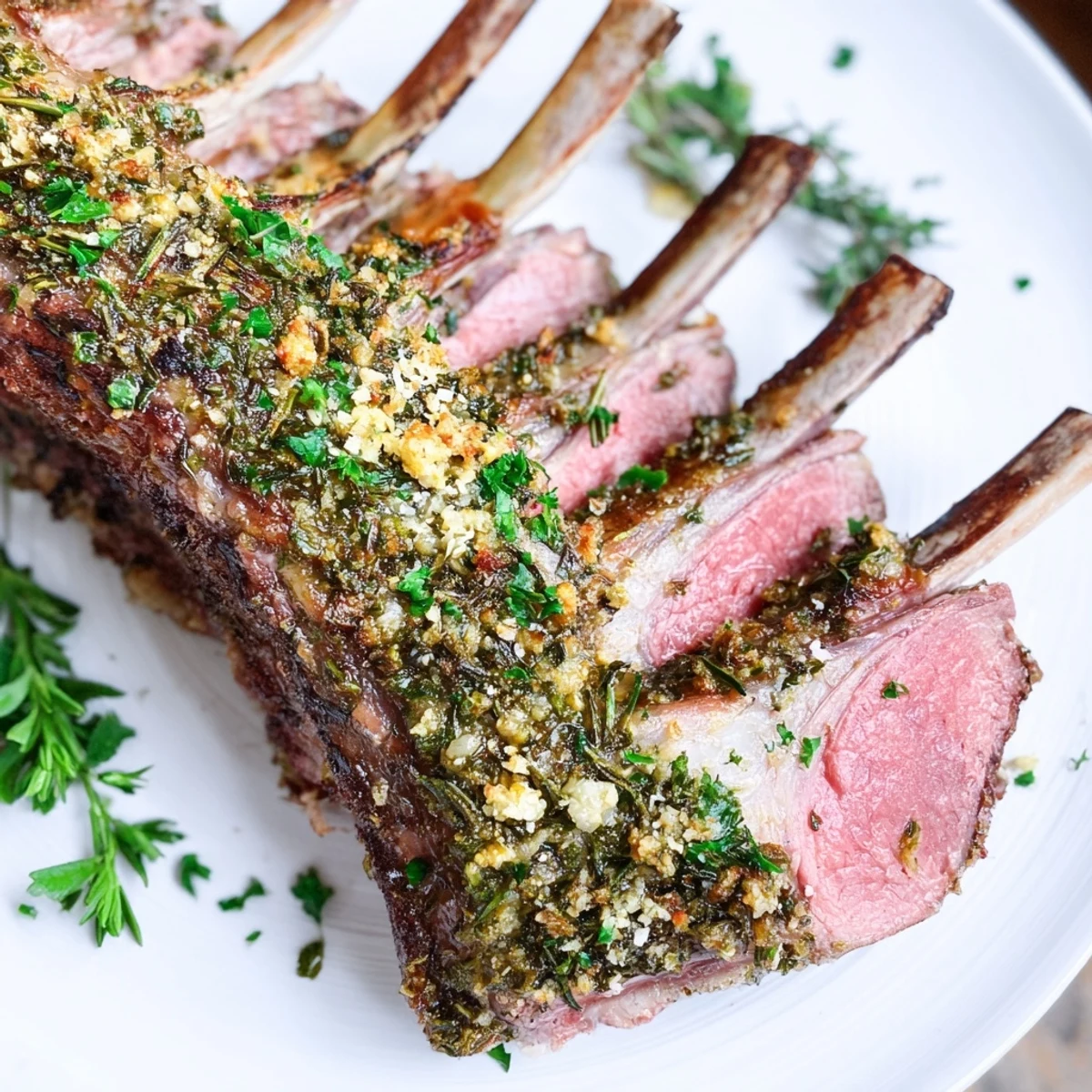 Freshly roasted rack of lamb with a golden herb crust of rosemary, garlic, and thyme on a baking sheet. Perfect Romantic Roasted Rack of Lamb for a special dinner.