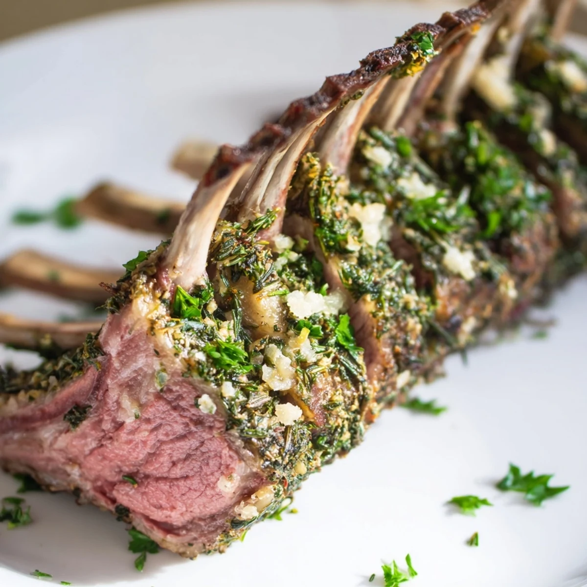 Sliced Romantic Roasted Rack of Lamb plated with fresh parsley, showcasing juicy pink meat ready for a romantic occasion.