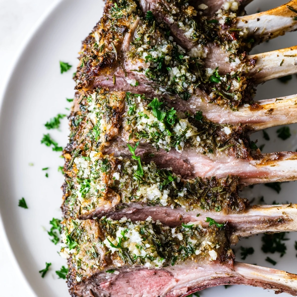 Golden-brown Romantic Roasted Rack of Lamb resting with foil, aromatic herbs visible on the crust, served with red wine.