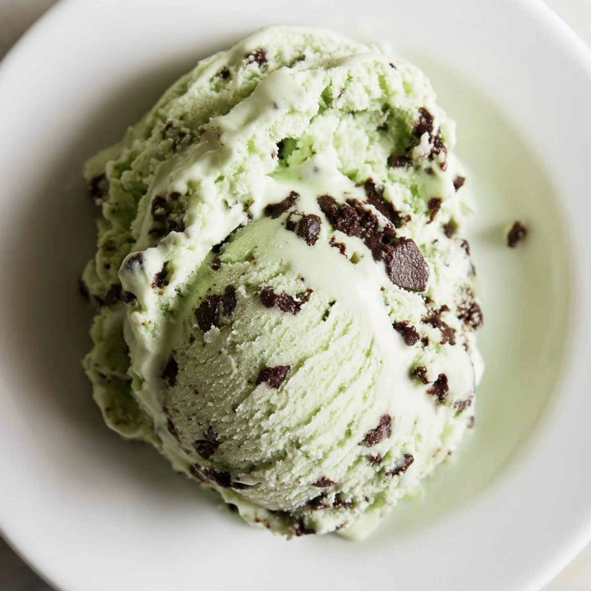 Scoops of bright green St. Patricks Day Mint Chocolate Chip Ice Cream in a waffle cone, melting slightly on a rustic wooden table.