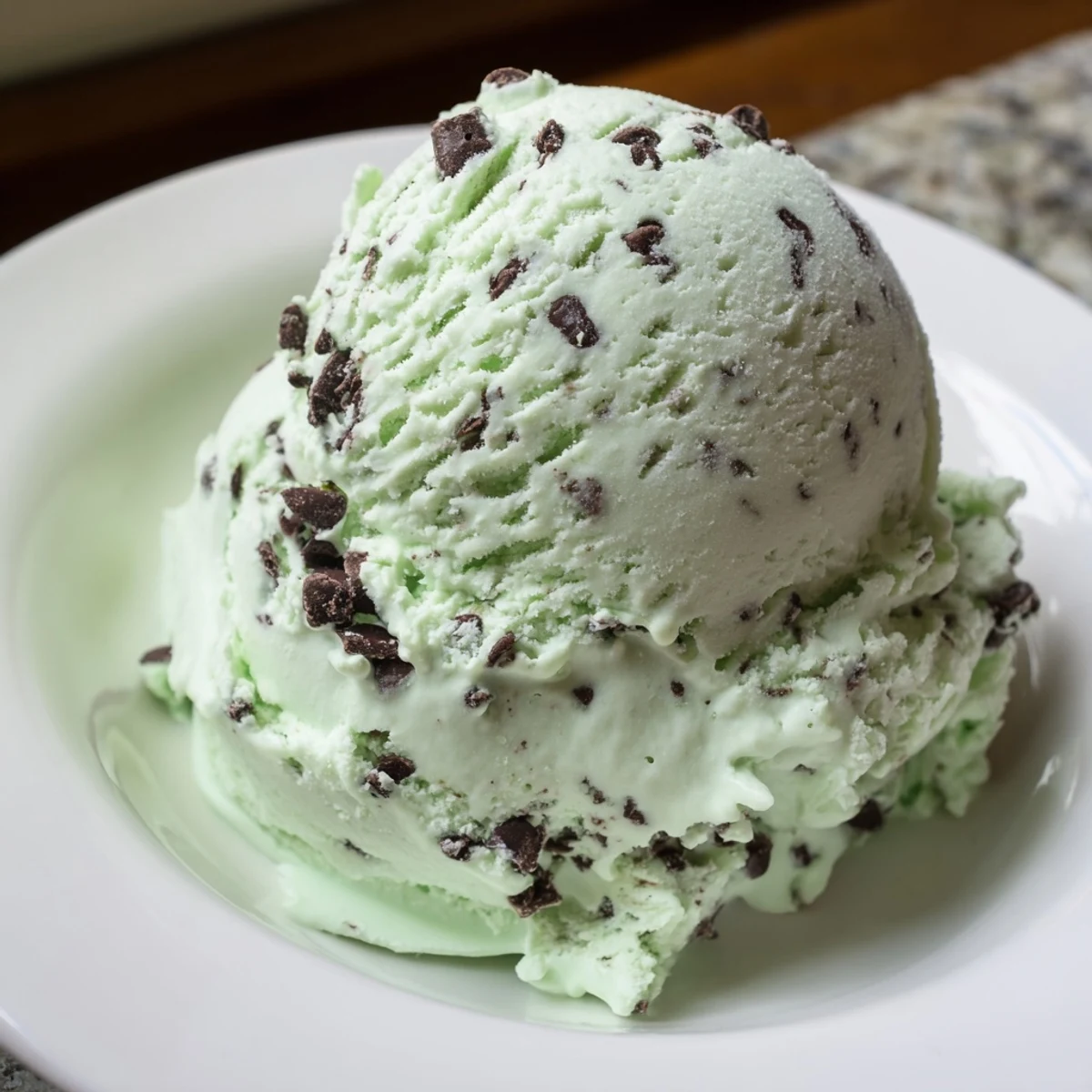 A festive bowl of St. Patricks Day Mint Chocolate Chip Ice Cream topped with chocolate shavings, ready to serve as a refreshing holiday dessert.