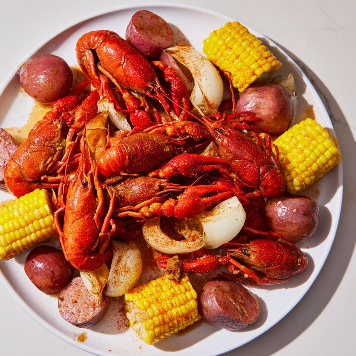 Freshly cooked Louisiana Style Crawfish Boil with bright red shells piled high on potatoes, corn, and sausage.