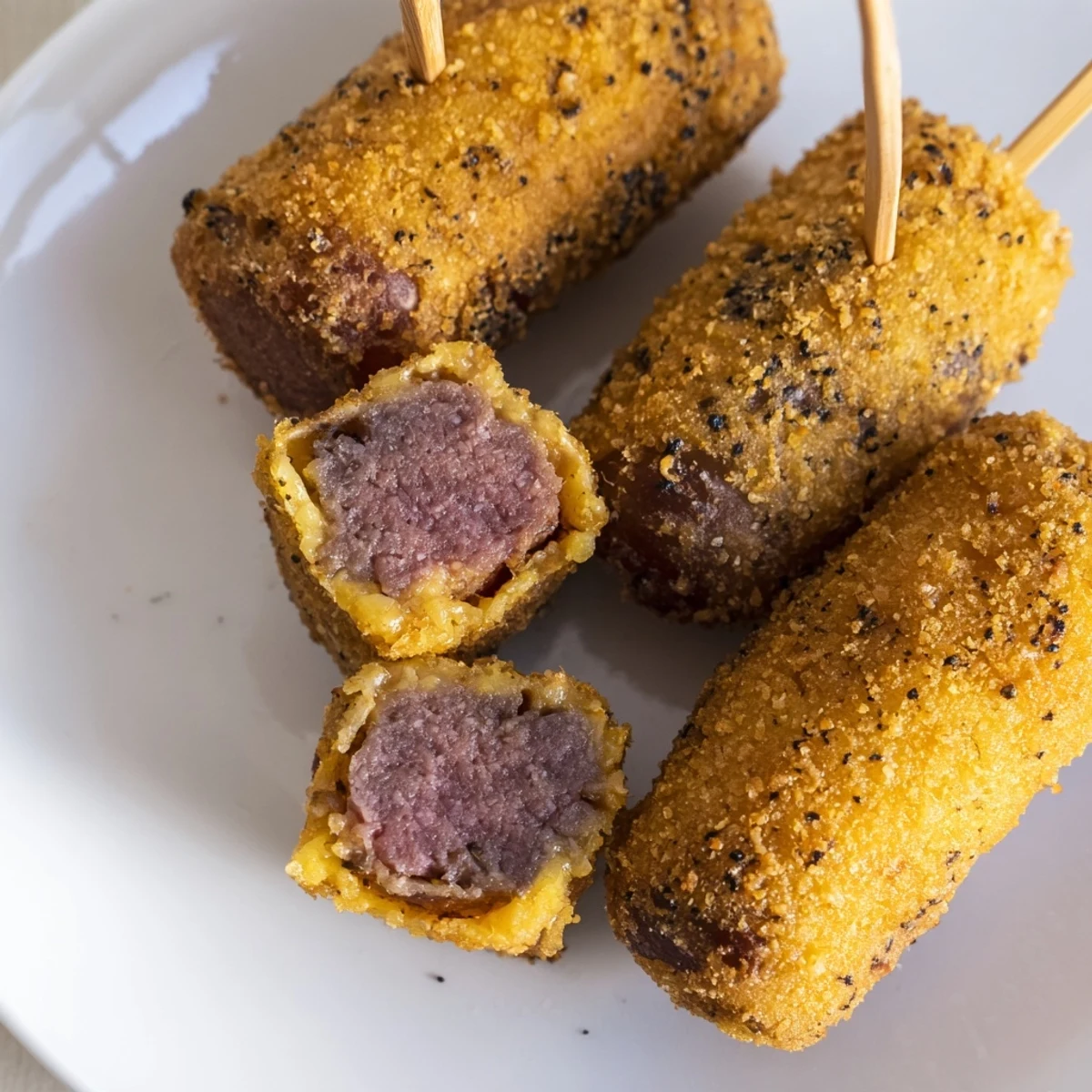 Golden Mini Corn Dogs with Beef Franks on a platter, crispy cornmeal batter fried to perfection, served with ketchup and mustard for dipping.