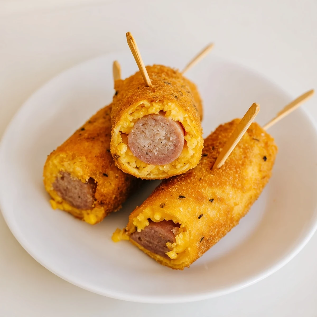 Freshly fried Mini Corn Dogs with Beef Franks on paper towels, steam rising, showcasing juicy franks inside crunchy golden corn batter.