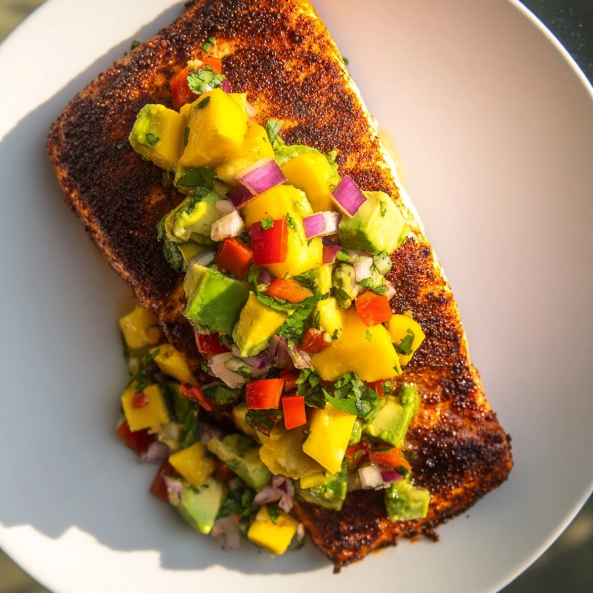 A close-up of Blackened Salmon with Mango Avocado Salsa, highlighting the spicy crust and creamy avocado mango textures.
