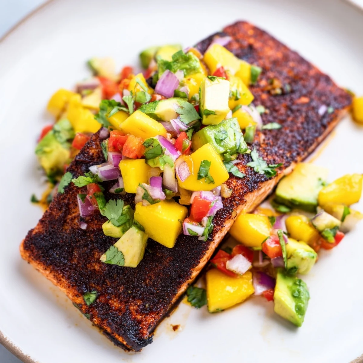 Blackened Salmon with Mango Avocado Salsa served over fluffy rice, showcasing the vibrant, chunky salsa topping the fillet.