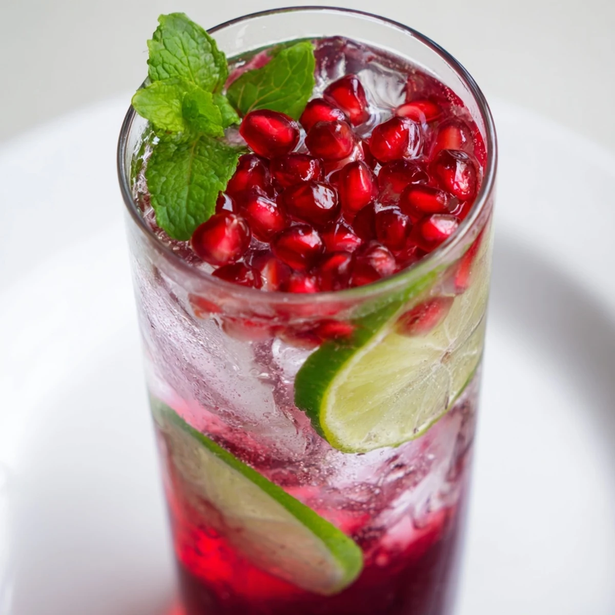 Sparkling pomegranate fizz mocktail garnished with pomegranate arils, lime slices, and fresh mint leaves over ice in a tall glass.  