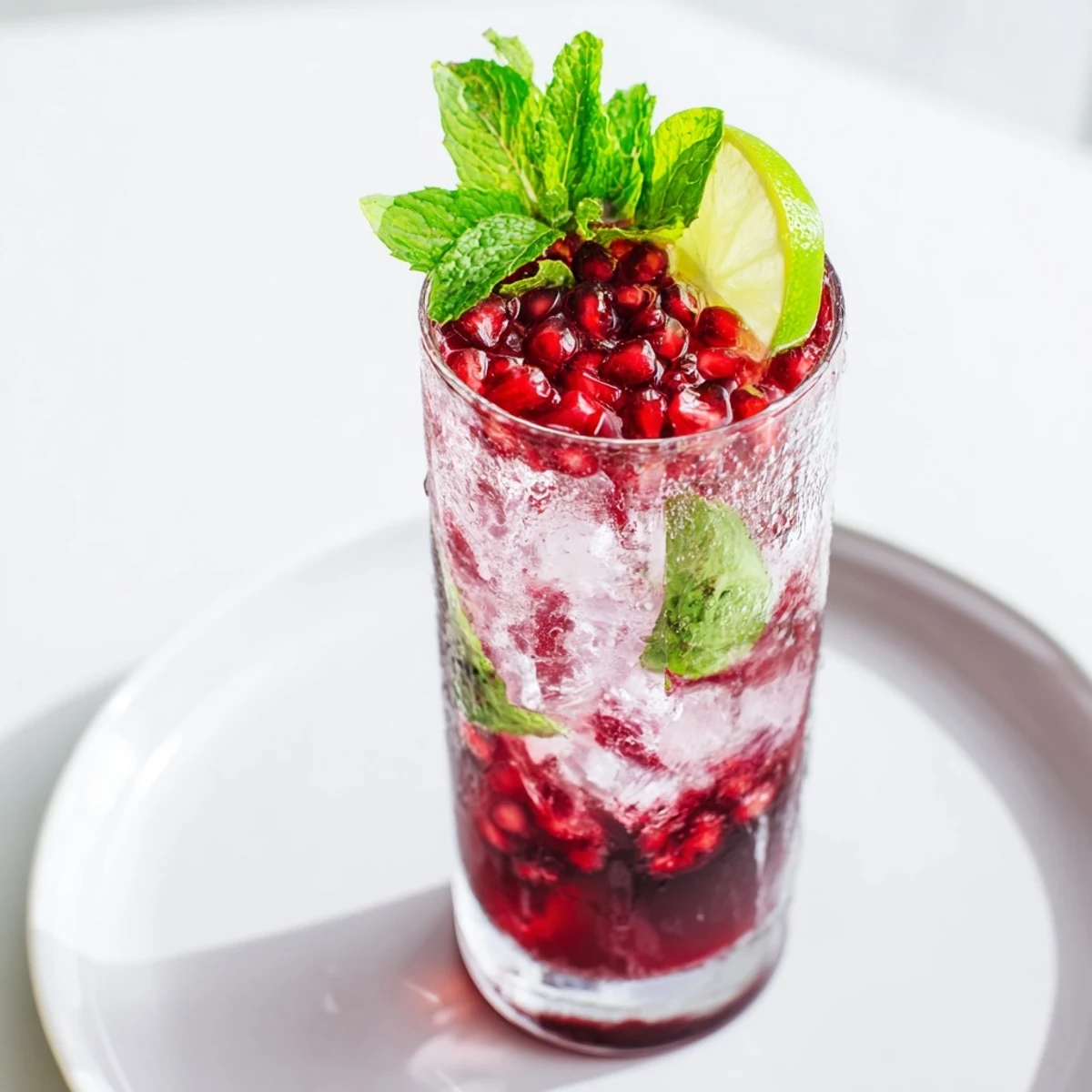 Vibrant ruby red pomegranate fizz mocktail with zesty lime and mint, served chilled over ice for a refreshing non-alcoholic drink.  