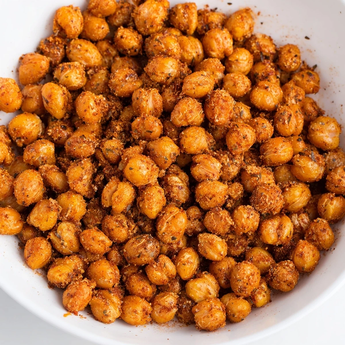 A close-up view shows seasoned Cajun Spiced Roasted Chickpeas with a vibrant spice blend, ready to be served warm.