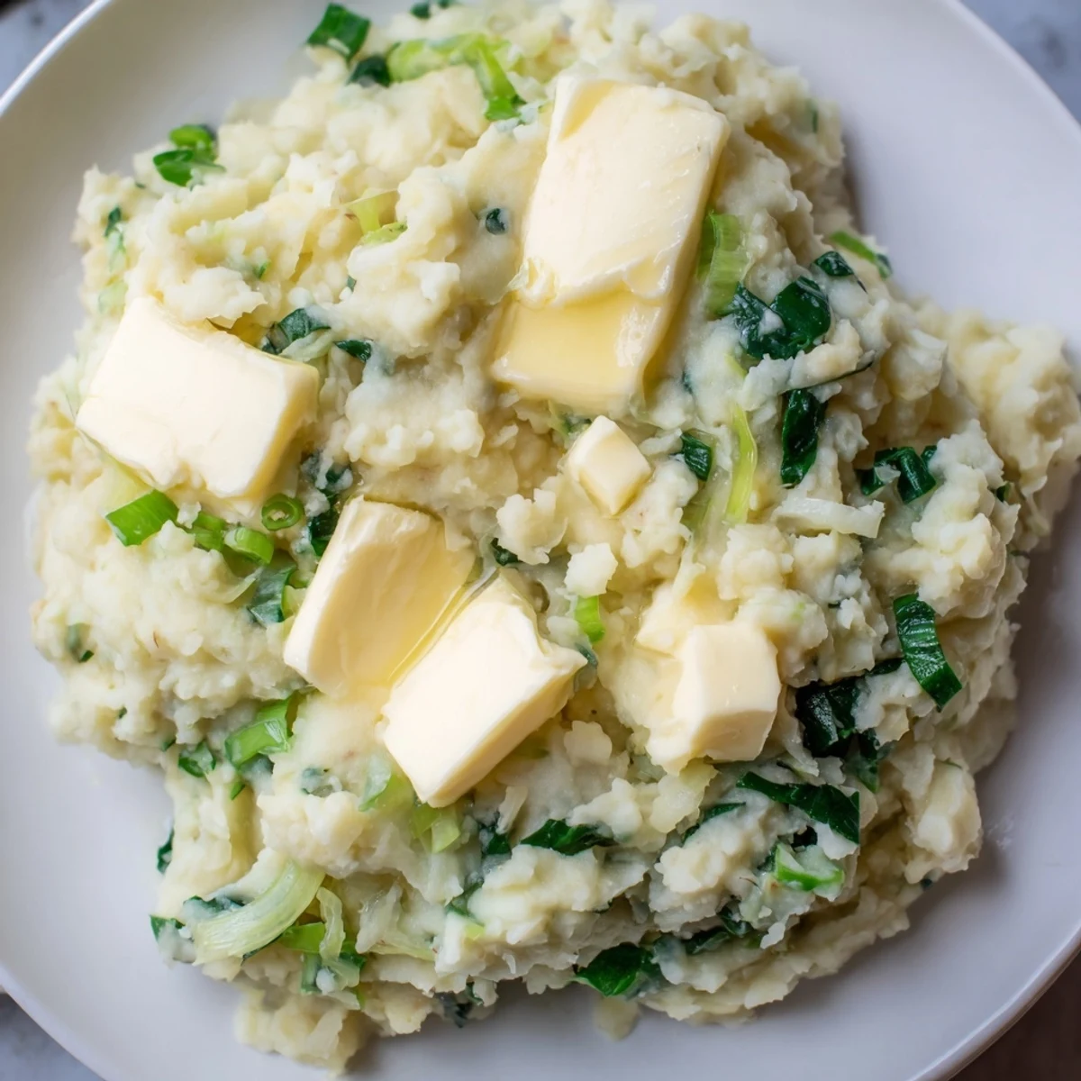 Creamy Irish Colcannon mashed potatoes with tender cabbage and scallions, topped with melting butter in a rustic bowl.