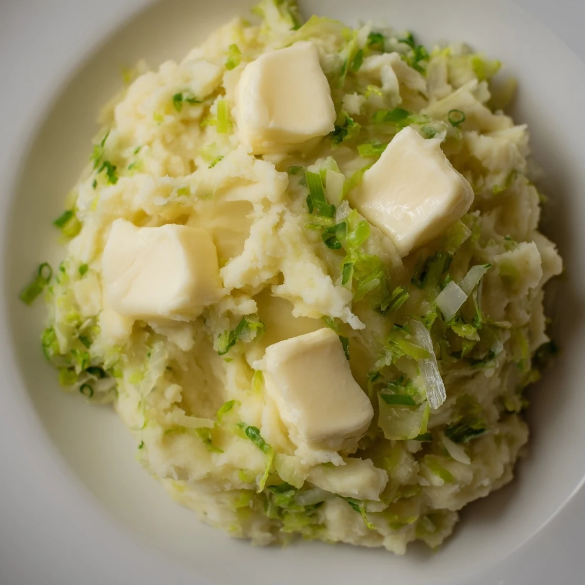 Steaming Irish Colcannon mashed potatoes, featuring sautéed cabbage and scallions, served hot for a comforting vegetarian side dish.