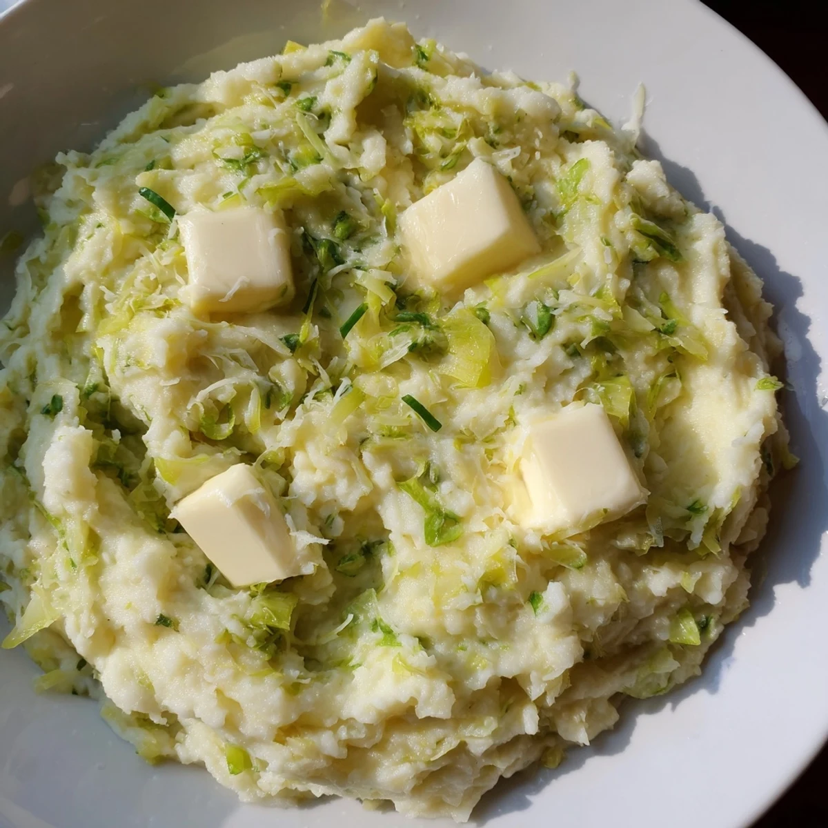 Hearty Irish Colcannon mashed potatoes blended with green cabbage and scallions, garnished with butter for a classic, cozy finish.