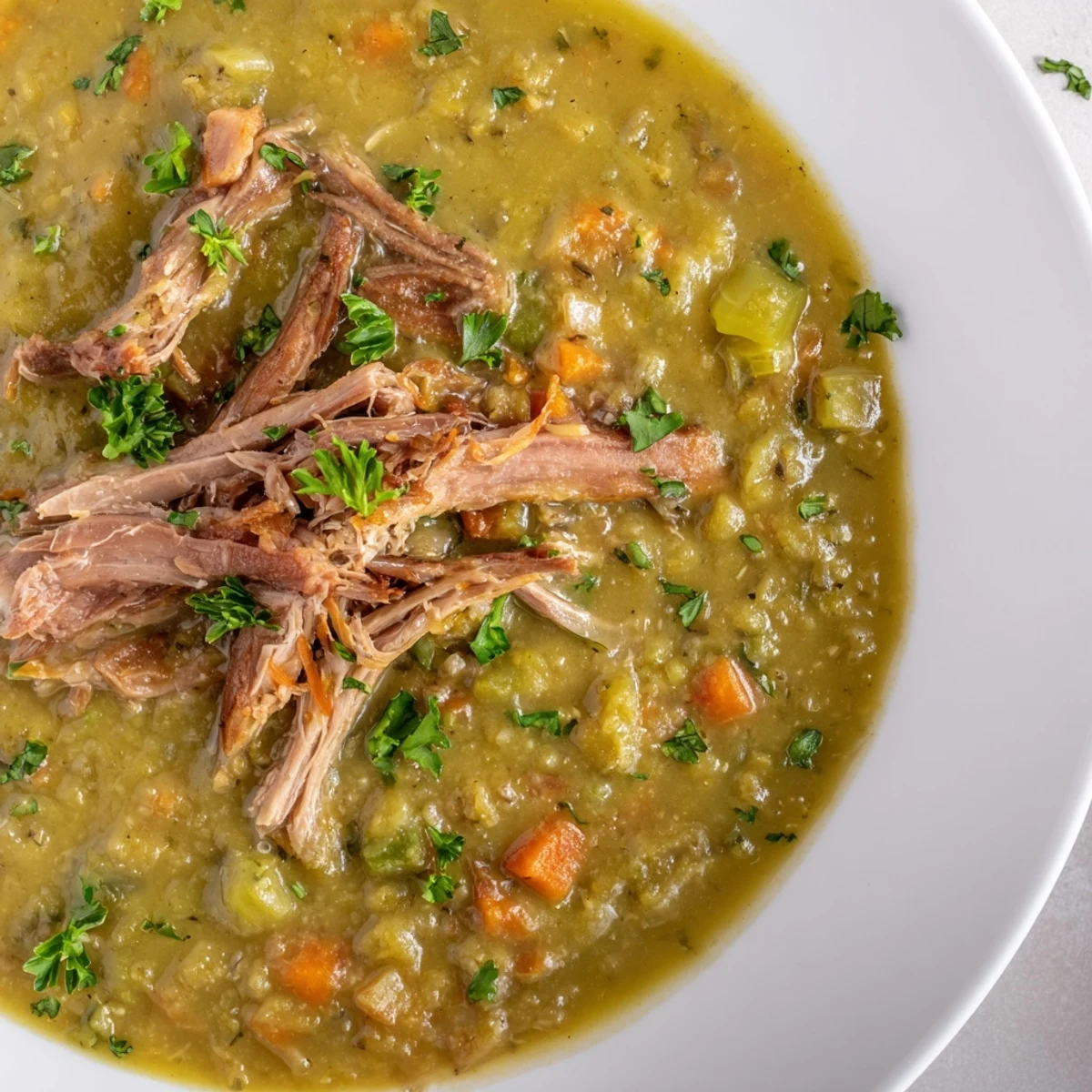 Hearty Green Split Pea Soup with Smoked Turkey Leg simmering in a Dutch oven, featuring tender carrots, celery, and fresh thyme.  
