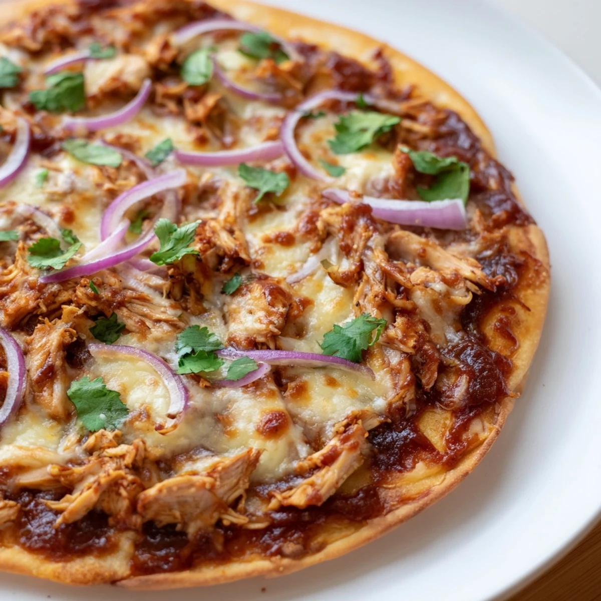 Golden-brown BBQ Chicken Pizza with Red Onion and Cilantro, featuring smoky sauce, gooey mozzarella, and fresh herbs on a rustic crust.