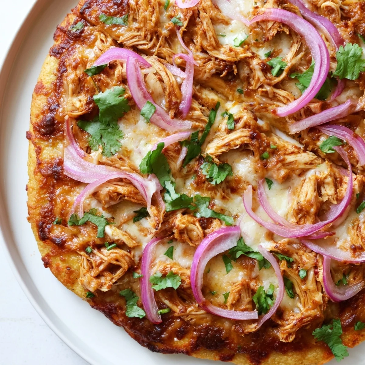 A freshly baked BBQ Chicken Pizza with Red Onion and Cilantro, topped with vibrant red onion slices and chopped cilantro leaves.