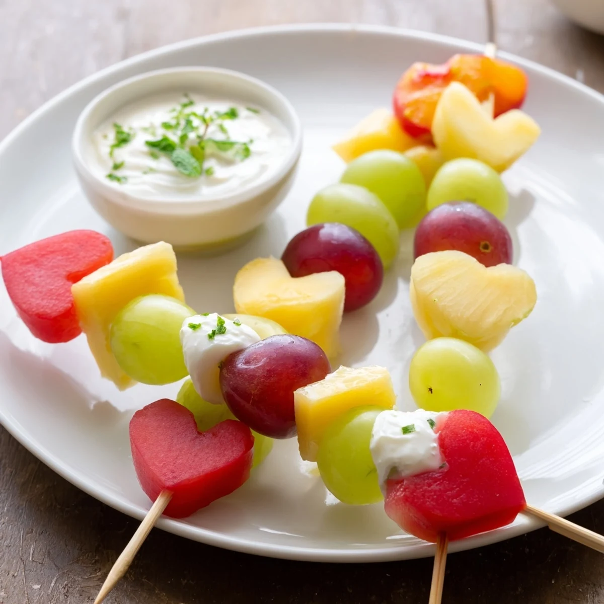 Perfectly styled sweetheart fruit skewers with yogurt dip, ideal for picnics or parties, showcasing juicy red and green grapes and glistening tropical fruit hearts.