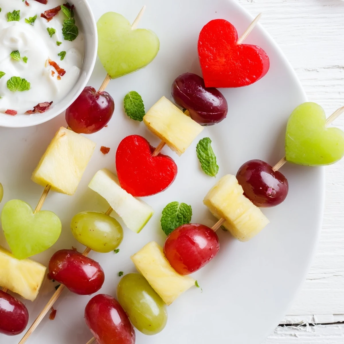 Freshly prepared sweetheart fruit skewers featuring vibrant apple and kiwi hearts, ready to be dipped into a smooth vanilla-scented yogurt sauce for a healthy snack.