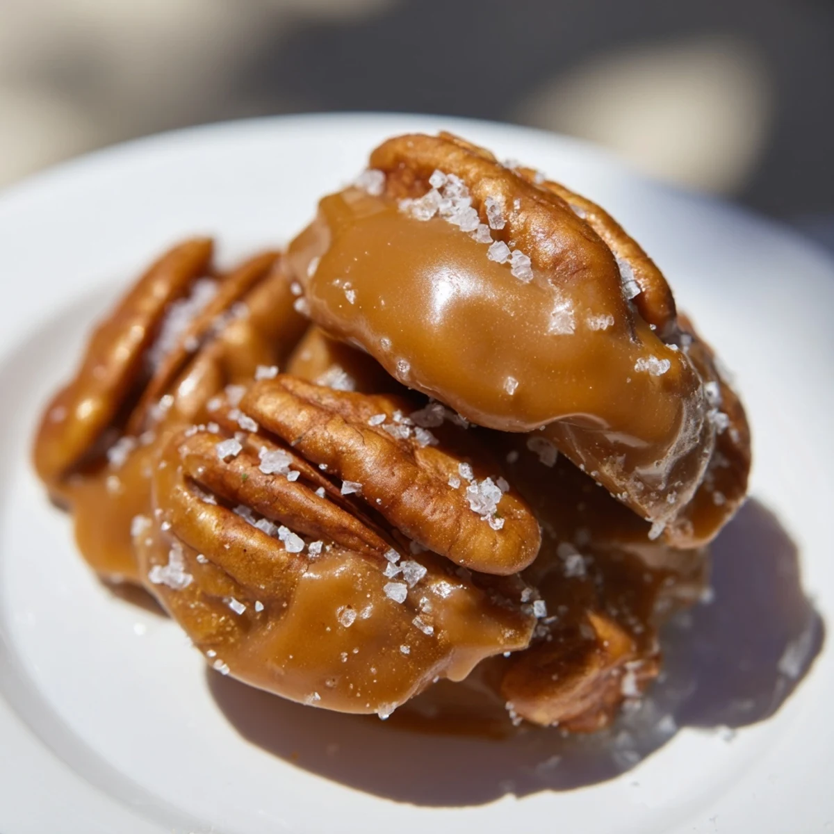 Four glossy Mardi Gras pecan pralines with cream, showcasing their rich, buttery texture and toasted pecans on a vibrant purple and gold background.
