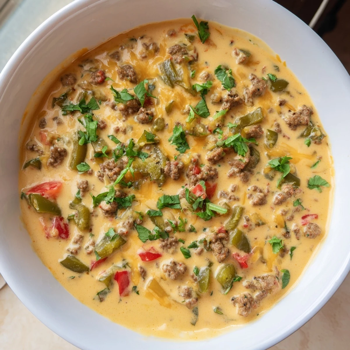 A bowl of warm Beef Queso Dip garnished with cilantro, served with crispy tortilla chips for dipping at a party.