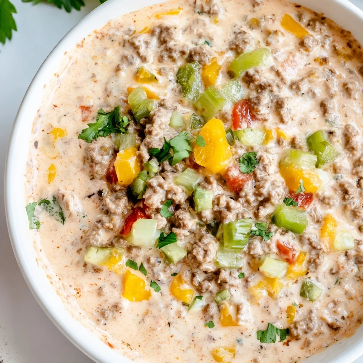 Hearty Tex-Mex Beef Queso Dip with cheesy sauce, peppers, and fresh cilantro, served in a rustic bowl with dippers.
