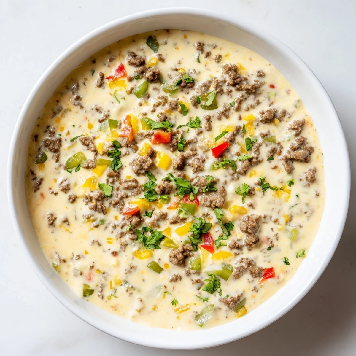 Close-up of creamy Beef Queso Dip with seasoned ground beef, melted cheese, and tomatoes, scooped onto a golden tortilla chip.