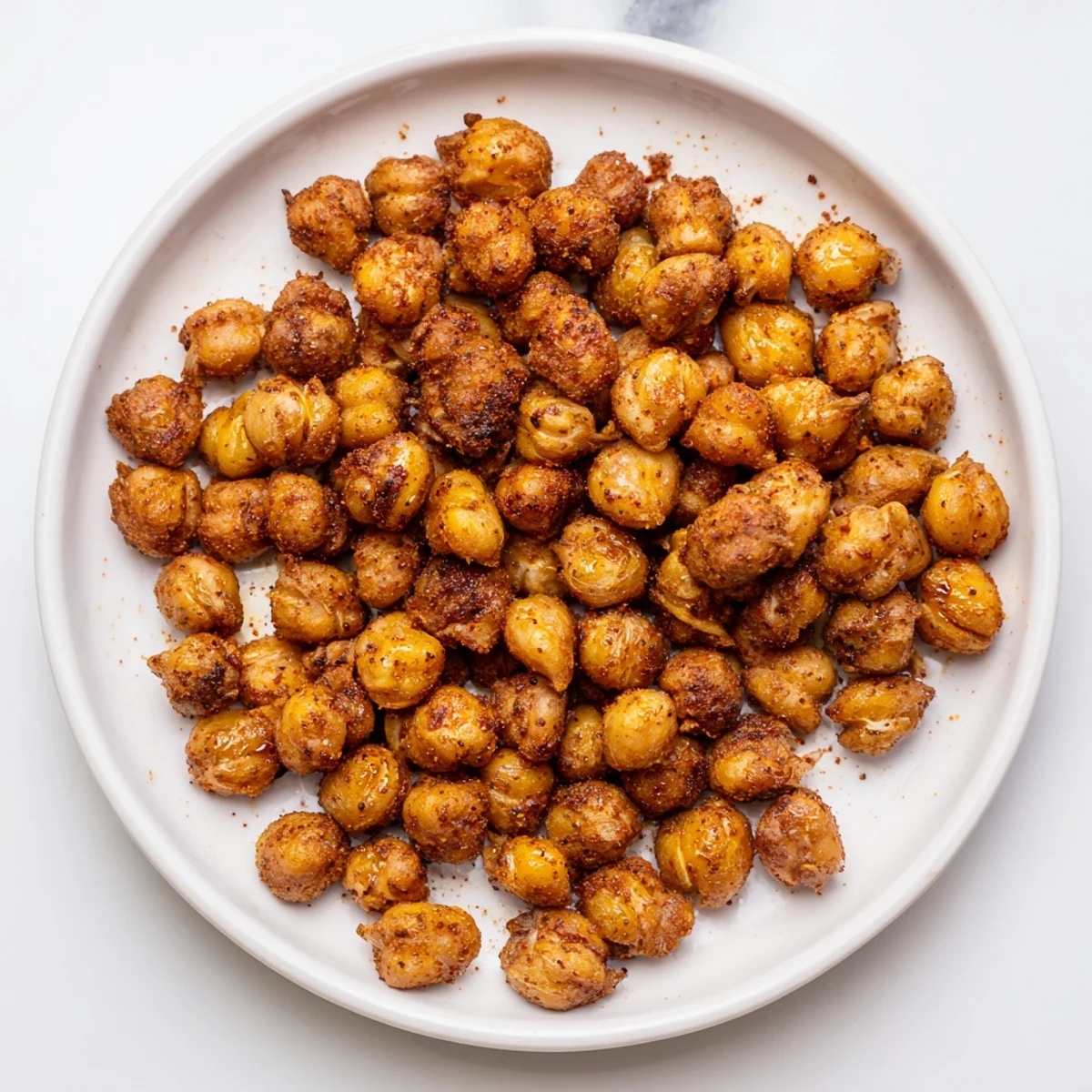 Golden brown, extra-crispy Cajun Spiced Roasted Chickpeas with paprika garnish on a rustic serving plate.  