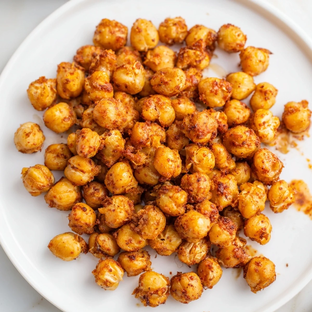 A close-up of crunchy Cajun Spiced Roasted Chickpeas, spiced with paprika and ready to eat warm.