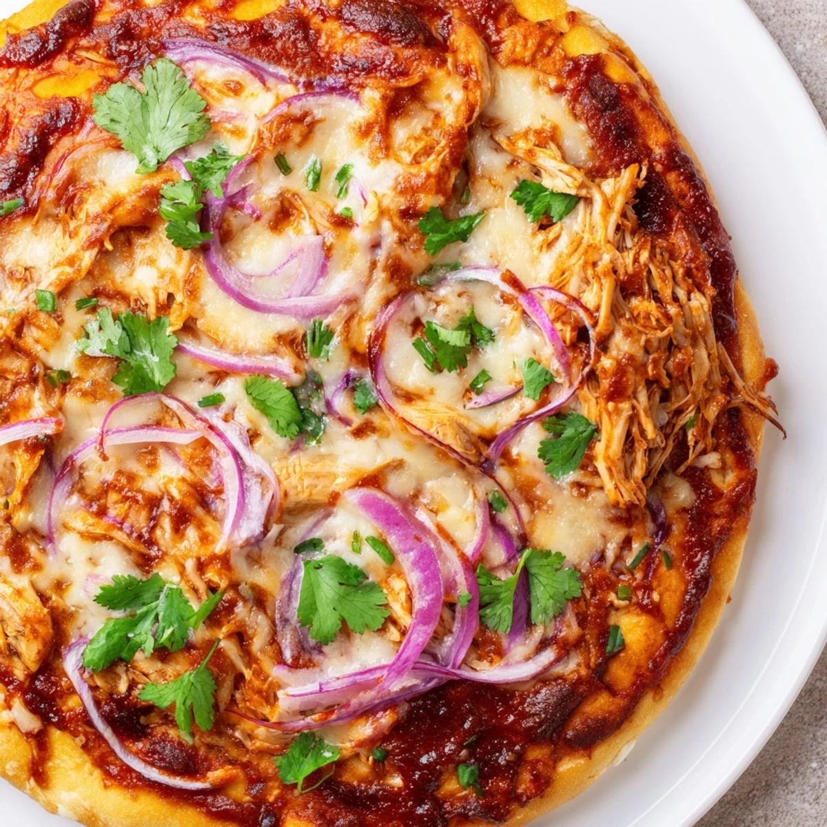 Golden, bubbly BBQ chicken pizza on a wooden board with fresh cilantro and red onion.