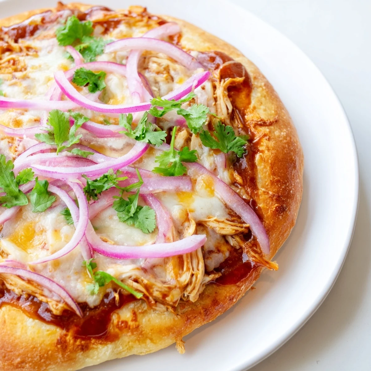 Homemade BBQ chicken pizza with melted cheese, red onion, and fresh cilantro garnish.