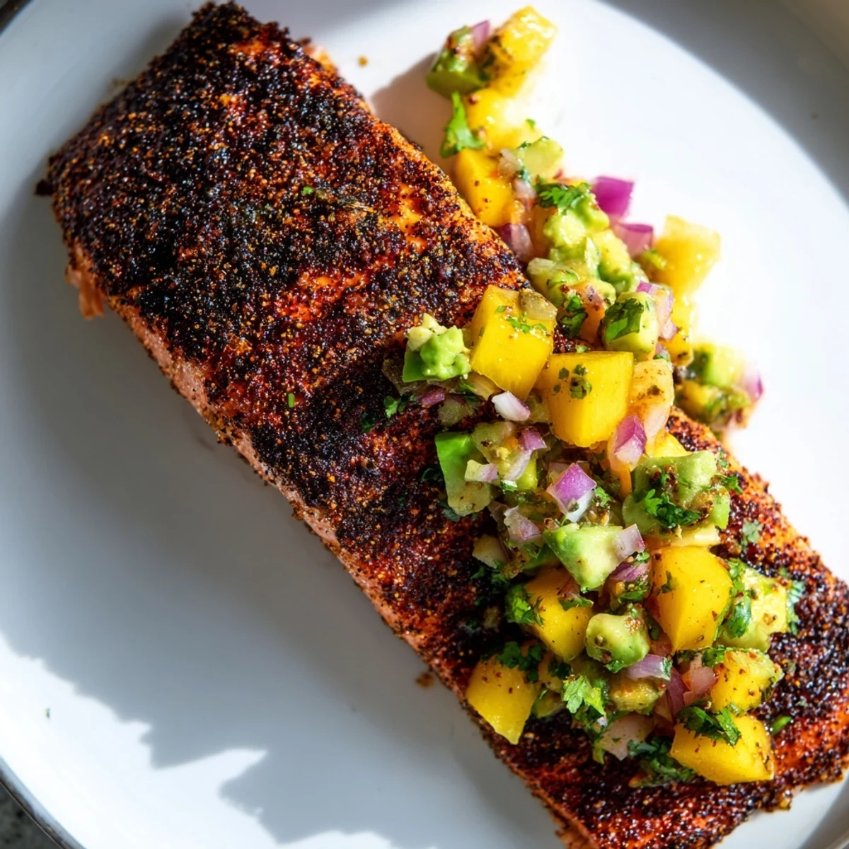 Juicy mango and creamy avocado salsa spooned over spicy, blackened salmon for dinner.