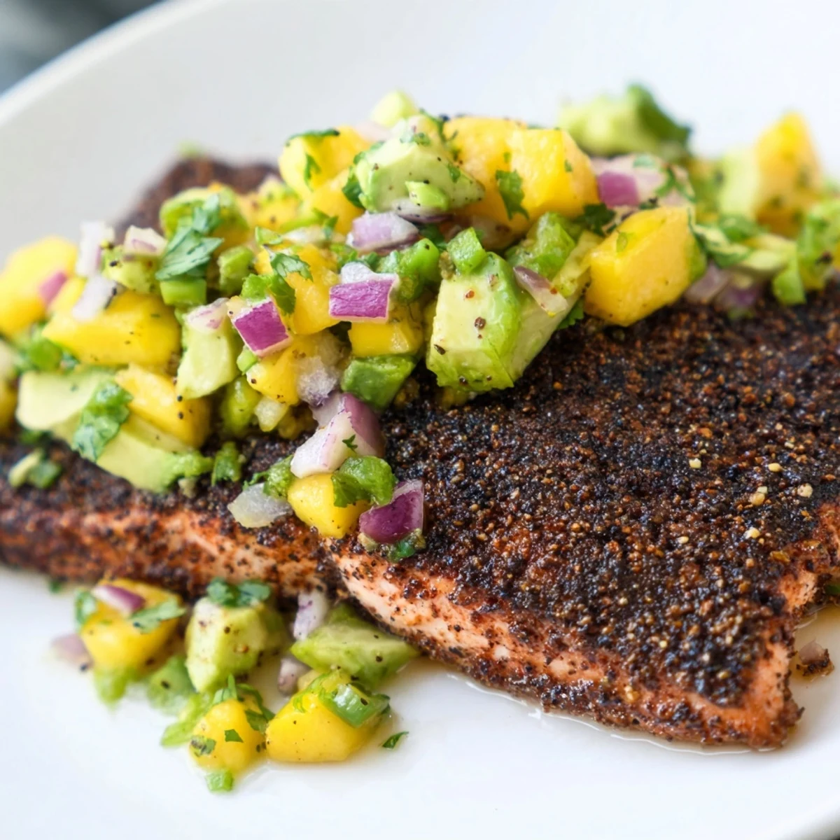 Blackened salmon fillets topped with vibrant mango avocado salsa and fresh lemon wedges.