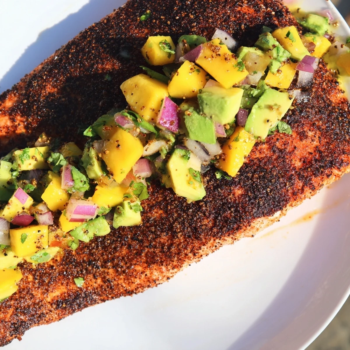 A close-up of golden, blackened salmon with colorful mango, avocado, and cilantro salsa.