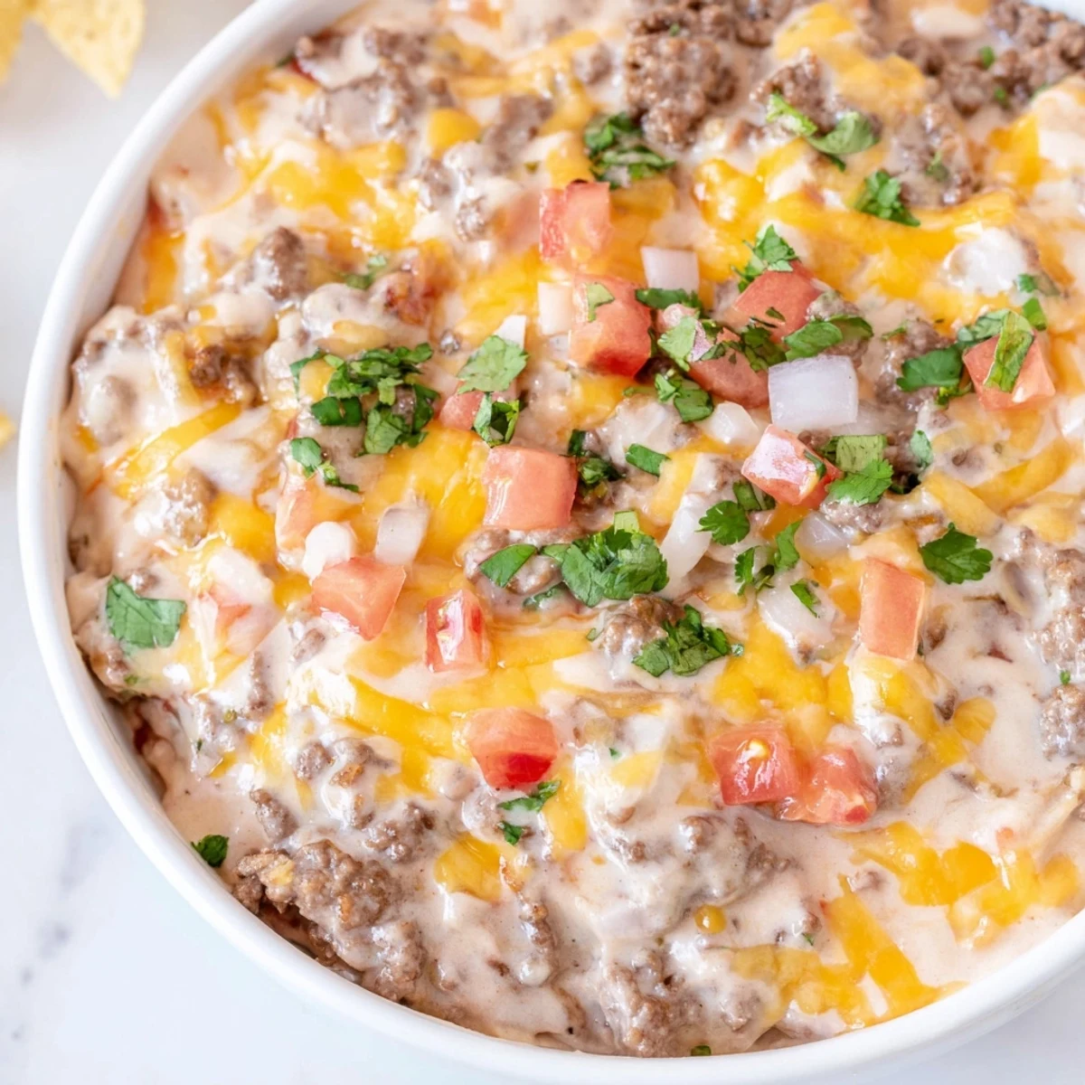 Copper skillet of sizzling ground beef, onions, and jalapeños for the hearty Beef Queso Dip with Tortilla Chips.