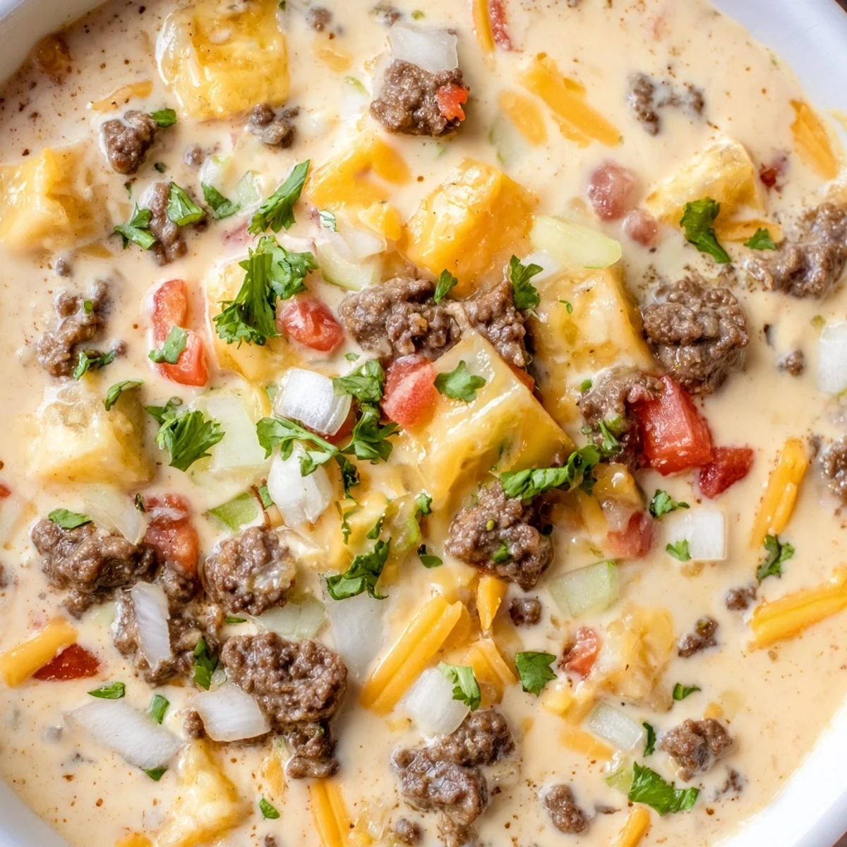 Creamy, melted cheddar and processed cheese swirl into the savory ground beef, creating the ultimate Beef Queso Dip.