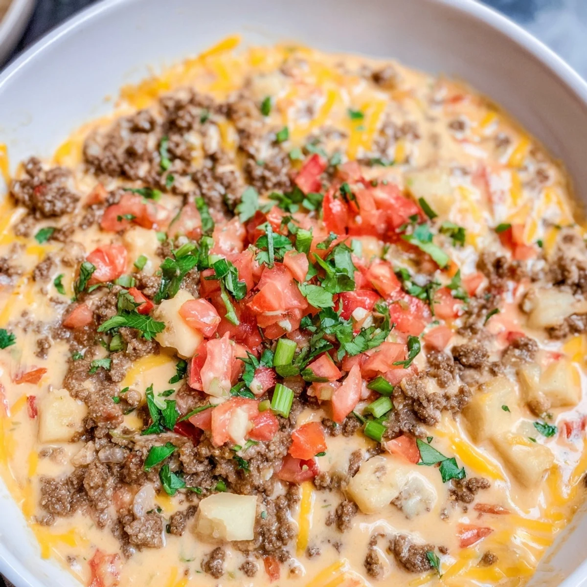 Beef Queso Dip with Tortilla Chips served in a rustic bowl, garnished with cilantro and fresh lime wedges.