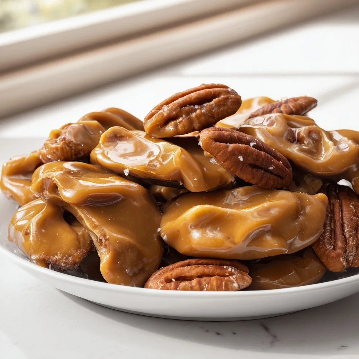 Golden Mardi Gras Pecan Pralines with Cream are stacked on a parchment-lined tray, their glossy surfaces catching the light.
