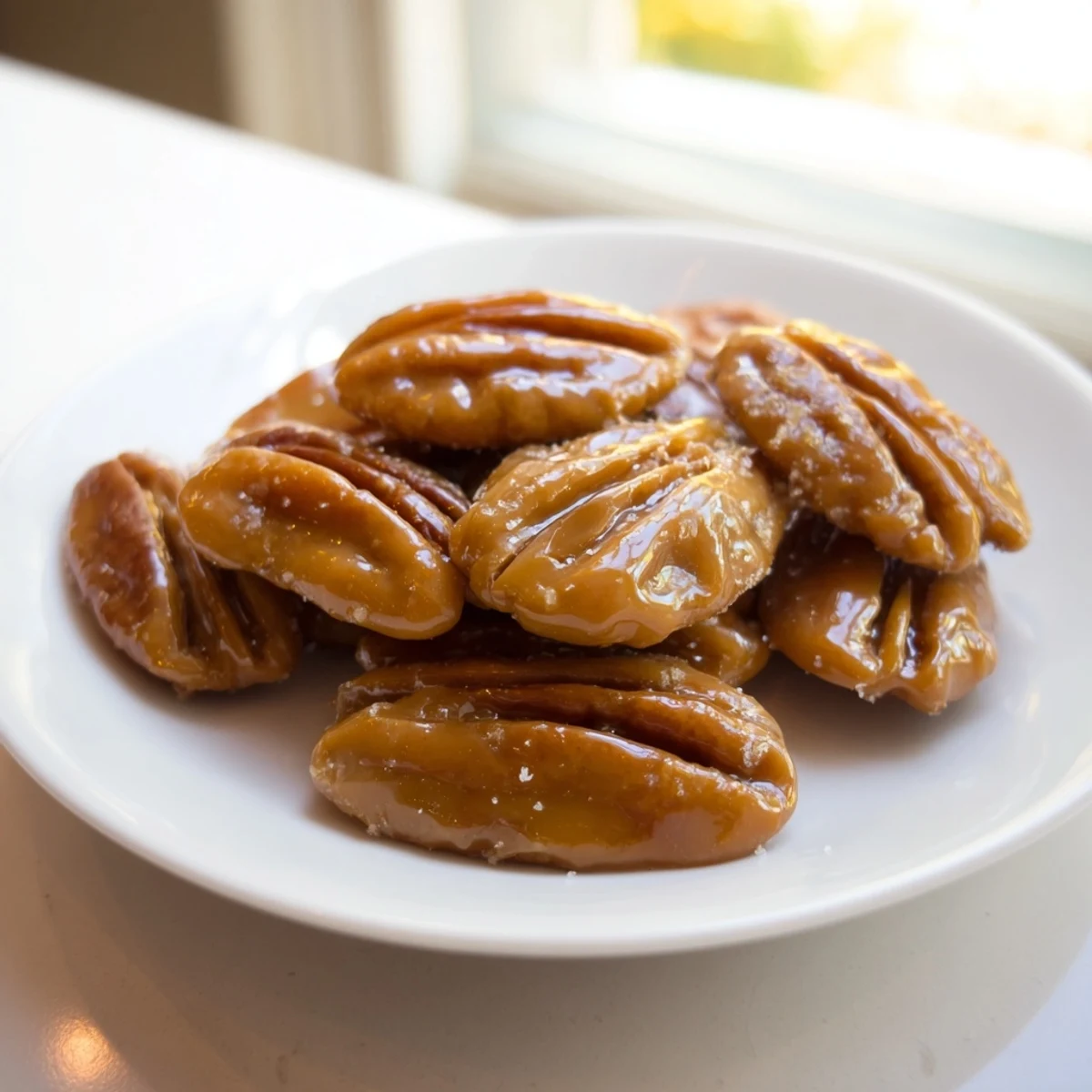 A close-up of creamy Mardi Gras Pecan Pralines with Cream shows chopped pecans suspended in a rich, buttery caramel.