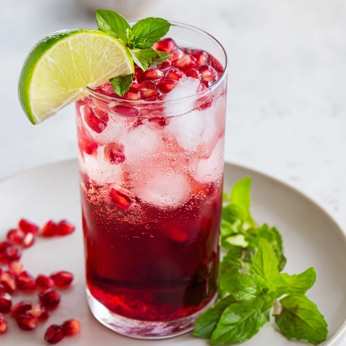 A refreshing Pomegranate Fizz Mocktail with a lime wedge garnish sits over ice in a tall glass.
