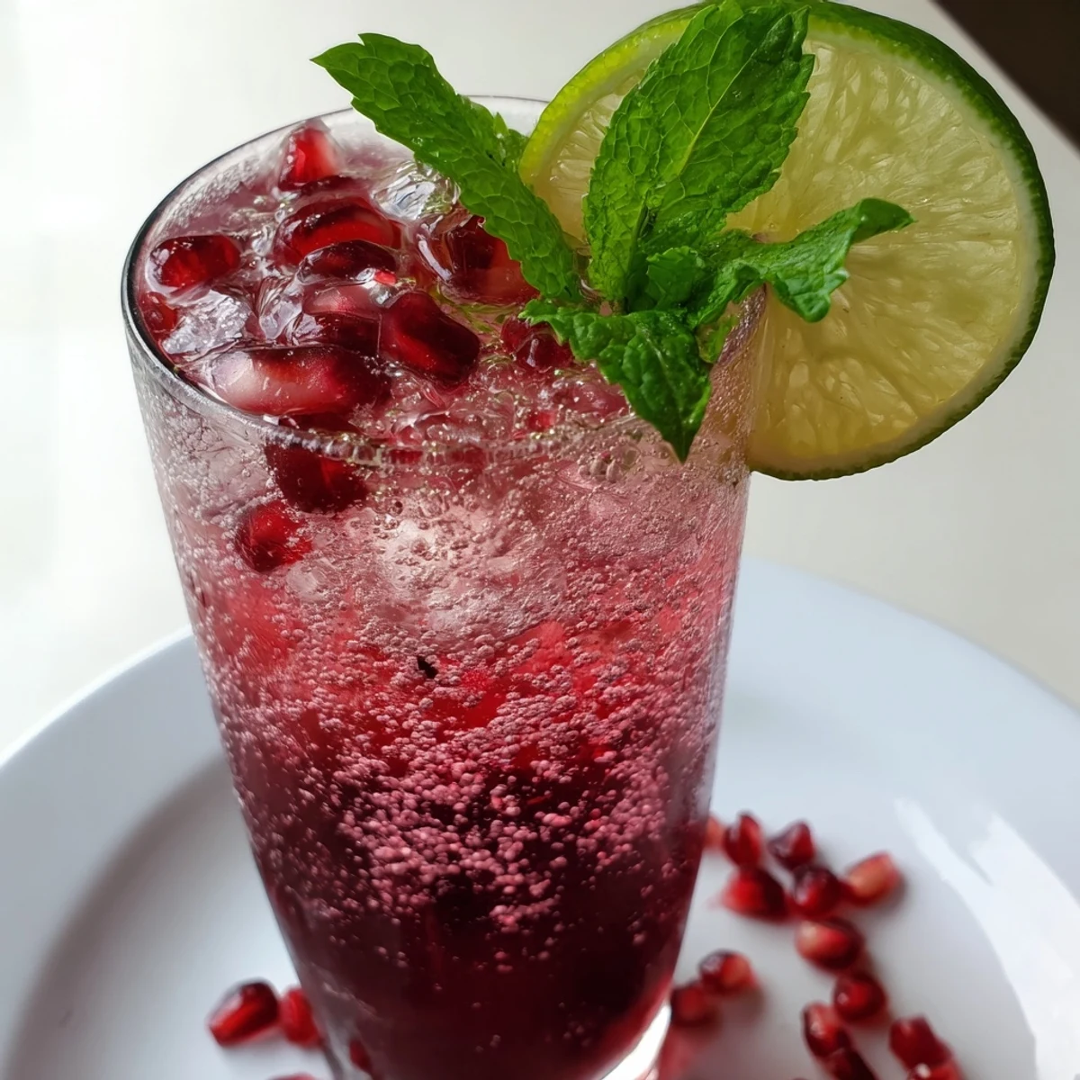 Close-up of the Pomegranate Fizz Mocktail, garnished with a lime wedge and optional pomegranate arils.