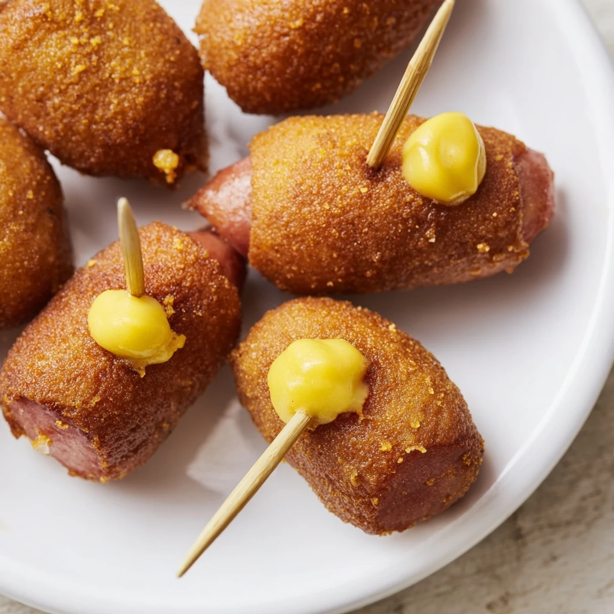 Homemade mini corn dogs with juicy beef franks, golden cornmeal batter, and a side of bright yellow mustard.