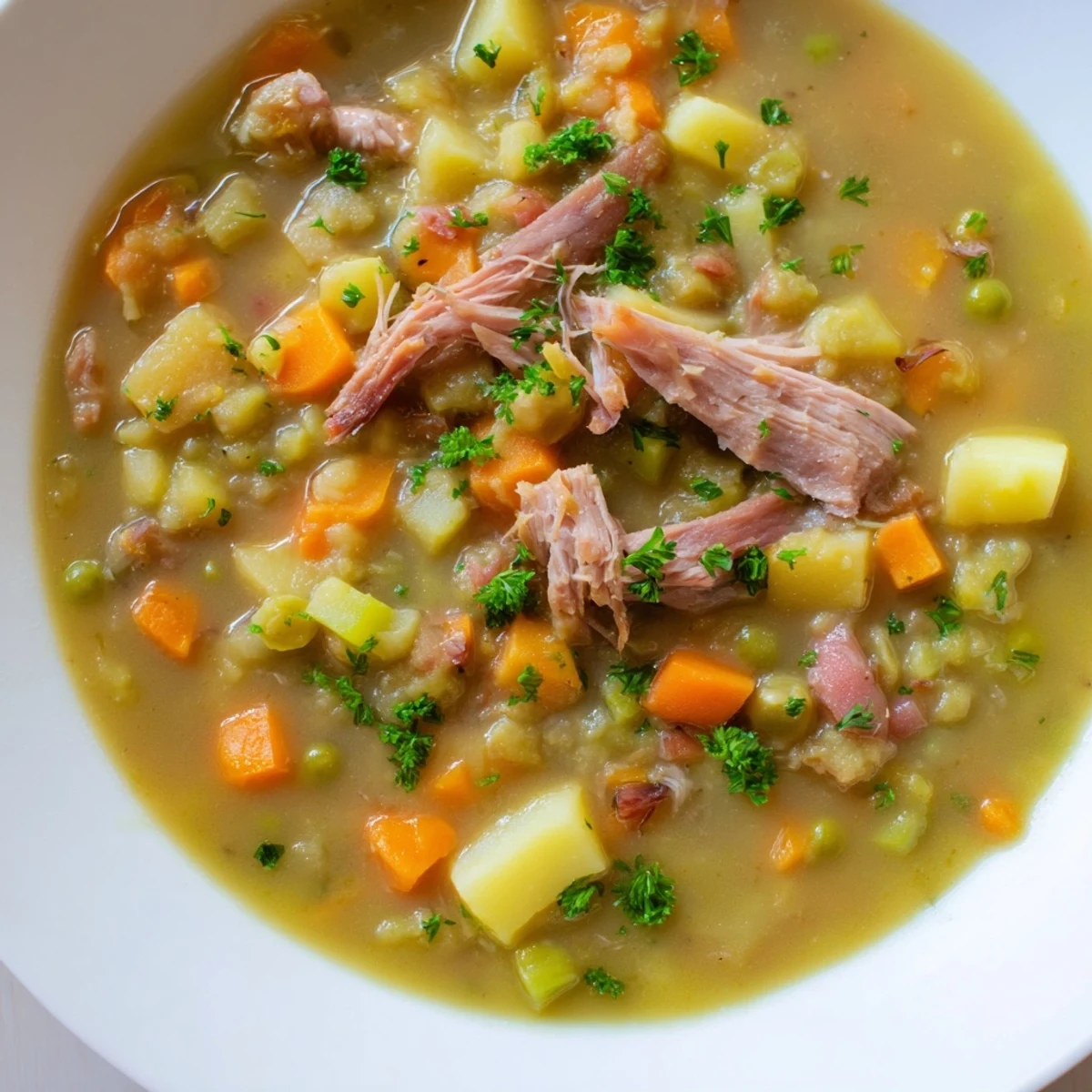 A warm bowl of Green Split Pea Soup with Smoked Turkey Leg, topped with fresh parsley and served with crusty bread.
