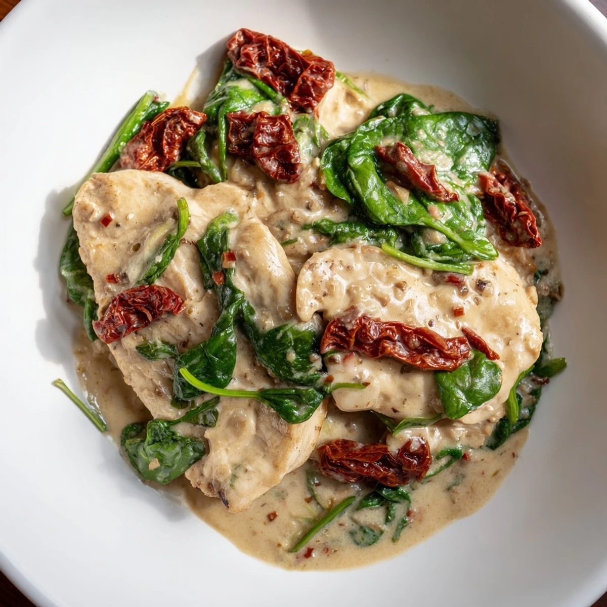Sizzling skillet of Creamy Garlic Chicken with Spinach and Sundried Tomatoes, garnished with fresh basil and Parmesan.